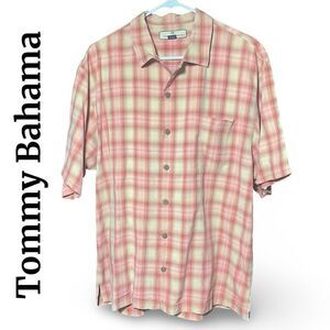 TOMMY BAHAMA 100% Silk Button Down Shirt, Short Sleeves, Plaid, Size L